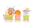 Monkey, lion and hare ride in a train and carriage. Vector illustration on a white background.