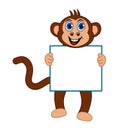 Brown monkey smiling and standing with blue eyes holding a billboard - vector