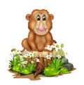 Brown Monkey On Top of Wood Tree With White Flower and Rocks Cartoon Royalty Free Stock Photo