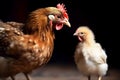 Mother hen teaches chick on dark background