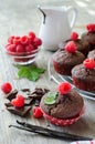 Brown muffins with raspberries and chocolate vertical image