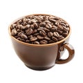 The brown mug is full of coffee beans. Coffee cup and beans, isolated. Png Royalty Free Stock Photo
