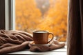 Brown mug scarf window cold. Generate AI