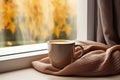 Brown mug scarf window hands. Generate AI