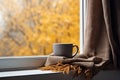 Brown mug scarf window room. Generate AI