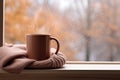 Brown mug scarf window sweater. Generate AI