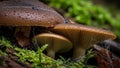 Brown mushrooms Basidiomycota with wide caps are surrounded by dew Royalty Free Stock Photo