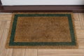 Brown natural rug with green contour in front of the white entrance door Royalty Free Stock Photo