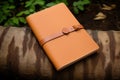 A brown notebook with leather cover lies on a log. Royalty Free Stock Photo