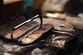 brown nude palette of eyeshadows and makeup brushes. Makeup artist workplace.