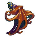 Brown octopus in the hat wizard. Inhabitants of the seas and oceans isolated on white background. Vector cartoon close Royalty Free Stock Photo