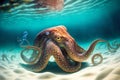 Brown octopus sea crawls on white sandy bottom of sea