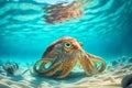 Brown octopus sea crawls on white sandy bottom of sea