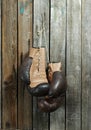 Brown old boxing gloves wooden wall