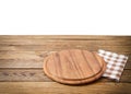 Brown old vintage wooden table with framed checkered tablecloth and pizza cutting board isolated on white background. Thanksgiving Royalty Free Stock Photo