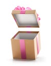 Brown open gift box with pink bow isolated