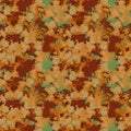 Brown and orange camouflage is a seamless pattern with spots and cracks on green background