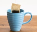 Brown organic green tea bag lowered in mug