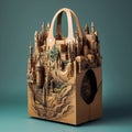 Brown original paper eco-bag. Bag in the shape of an ancient castle. Generative AI