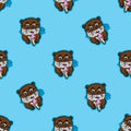 Brown otter happy drinking ice cream, funny animals beaver pet cute seamless pattern cartoon style with blue background