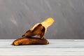 Brown overripe bananas on cutting board. Gray background, selective focus, copy space. Fermented fruit is suitable for baking Royalty Free Stock Photo