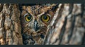 A brown owl peeking out from behind a tree Royalty Free Stock Photo