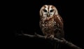 A brown owl is perched on a branch in the dark Royalty Free Stock Photo