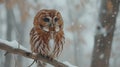 a brown owl perched on a branch in the snow Royalty Free Stock Photo