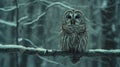 a brown owl perched on a branch in the snow Royalty Free Stock Photo