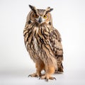 Brown owl portrait, isolated on white background. Eurasian Eagle-Owl, Bubo bubo, standing in front