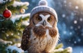 brown owl wearing grey knit cap with pompom, blurred snow-covered decorated Christmas tree and falling snow in Royalty Free Stock Photo