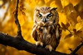 Brown owl with yellow eyes sits on tree branch. Generative AI Royalty Free Stock Photo