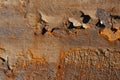 Brown painted rusty metal surface with streaks of rust. cracked rusty corrosion, oxidized iron background