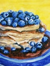 Brown pancakes with chocolate serup and blueberries in blue plate on the yellow background