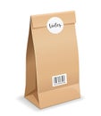 Brown paper bag folded, mouth bag there are circle stickers and barcodes, template design