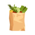 Brown paper bag from local market. Recycled pack with fresh organic vegetables. Grocery delivery concept. Isolated