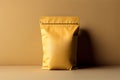 Brown paper bag packaging template with stitch sewing isolated on yellow background. AI Generated