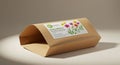 Brown paper bag with a rectangular label featuring colorful flowers and text. The label