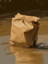 A brown paper bag ripped and cled by a river.. AI generation Royalty Free Stock Photo