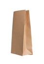 Brown paper bag, small craft pouch, package. Beige sack mockup, angle view isolated on white Royalty Free Stock Photo