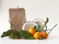 School lunch. Brown paper breakfast bag and mixed fruit Royalty Free Stock Photo