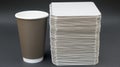 Brown Paper Coffee Cup and Stack of White Paper Coasters on Dark Gray Background Royalty Free Stock Photo
