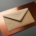 Brown paper envelope resting on a rectangular copper sheet, set against a dark gray Royalty Free Stock Photo