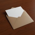 A brown paper envelope rests open on a wooden surface, revealing a plain white she Royalty Free Stock Photo