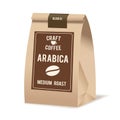 Brown paper food bag package of coffee. Realistic vector mockup template. Vector packaging design.