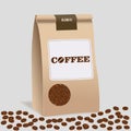 Brown paper food bag package of craft coffee. Realistic vector mockup template. Vector packaging design.