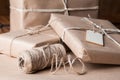 Brown paper packages wrapped up with string Royalty Free Stock Photo