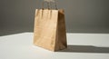 Brown paper shopping bag standing on a white surface with a grey background Royalty Free Stock Photo