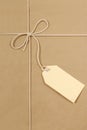 Brown parcel paper background, tied with cream cotton string, large label, vertical Royalty Free Stock Photo