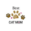 Brown paw print with hearts. World`s greatest cat mom text. Happy Mother`s Day background Royalty Free Stock Photo